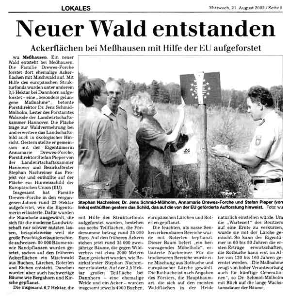 Zeitungsartikel Aufforstung Böhmezeitung vom 21.08.2002