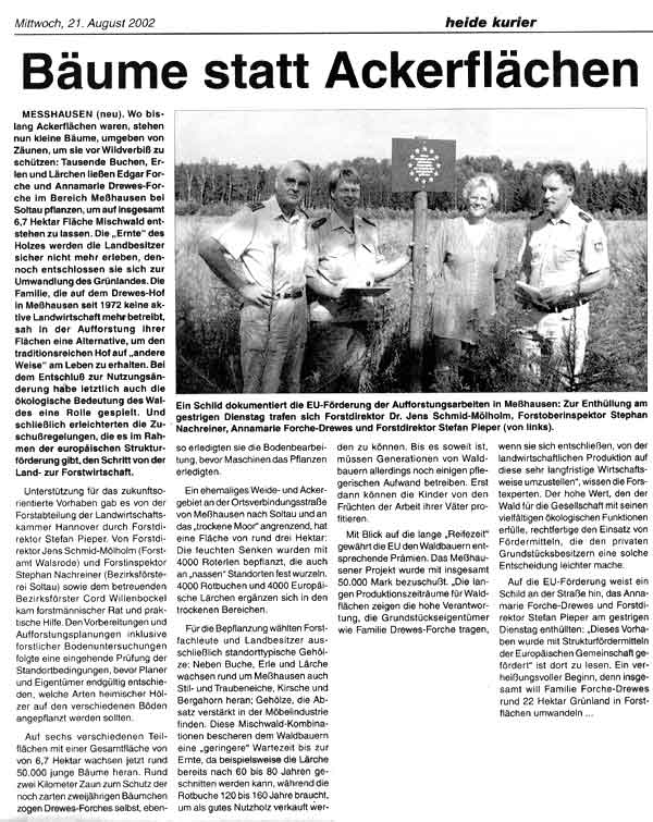 Zeitungsartikel Aufforstung Heidekurier vom 21.08.2002